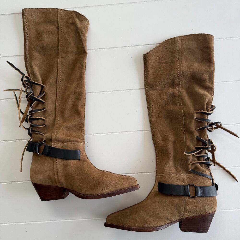 Free People slouch boots back-lace slouchy tall boots leather suede fringe - Picture 7 of 12
